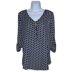 Roz & Ali Blouse White Navy Dot Pattern Quarter Zip Front Detail Tab Sleeves | S